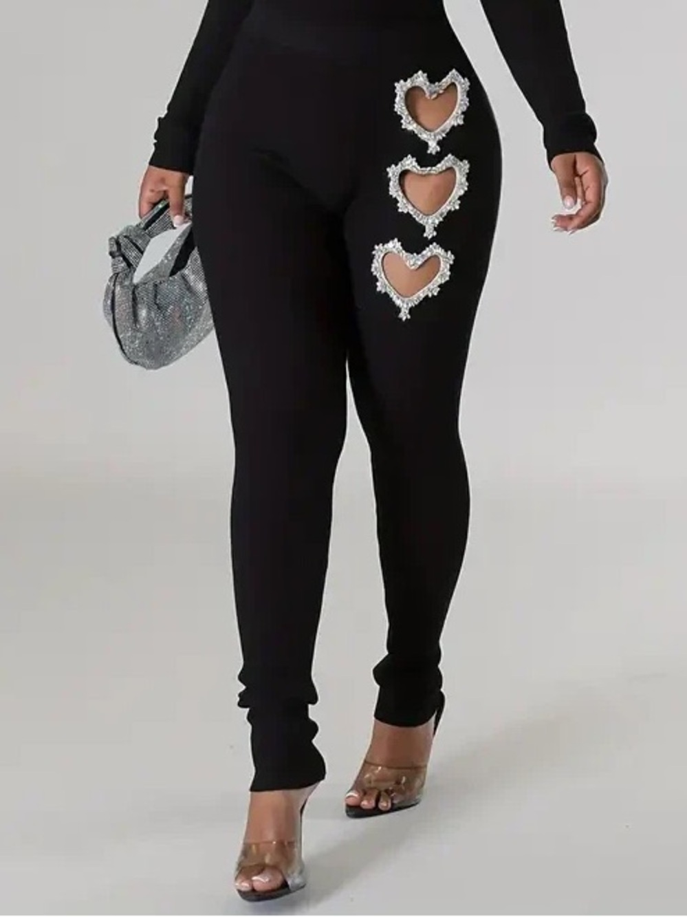 Rhinestone Cut Out Heart High Waist Long Pants